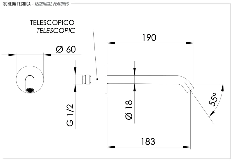 Излив настенный 19 см Remer X Style INOX SS91XL, нержавеющая сталь