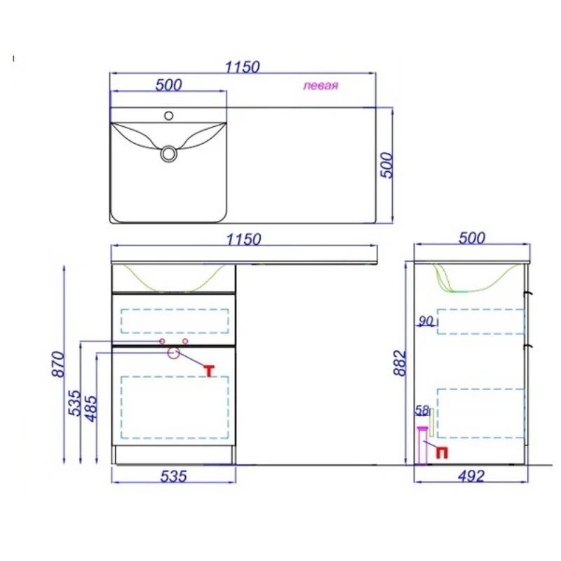 Тумба с умывальником под стиральную машину Aqwella Terra 53 (L) напольная дуб балтийский