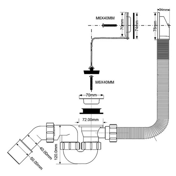 Сифон для ванны (слив-перелив) McAlpine MRB1, с цепочкой и пробкой (505мм), хром