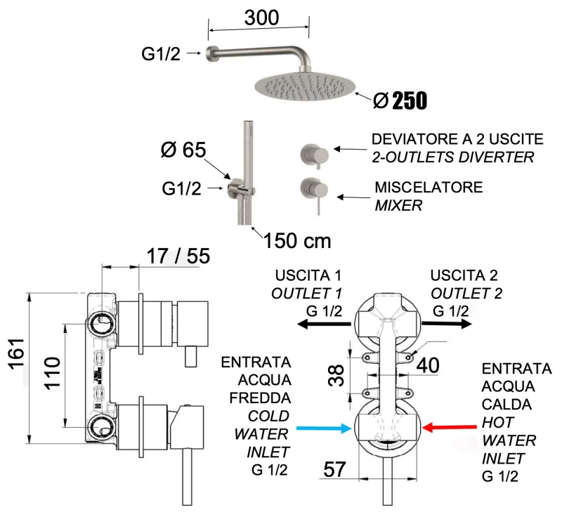 Душевая система Remer X Style INOX SSX92PS02UFM25, нерж. сталь