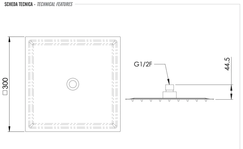 Верхний душ с шарнирным соединением 30 см Remer INOX SS357UFS30X, нержавеющая сталь