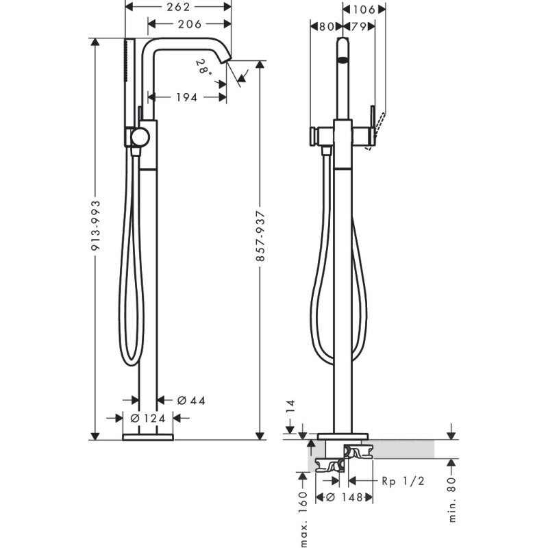 Смеситель для ванны и душа Hansgrohe Tecturis S, 73440000, напольный, хром