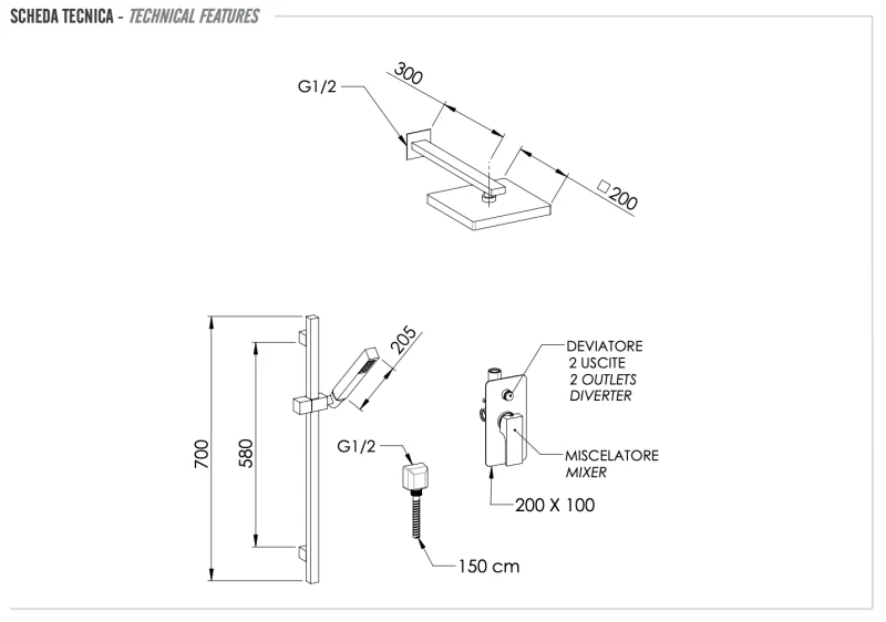 Комплект: Душевая система Remer Absolute AU09S01SD20, хром