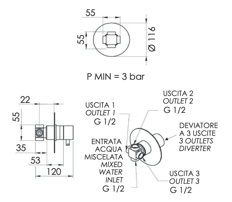 Дивертер на 3 выхода Remer X Style N93DEV3, хром