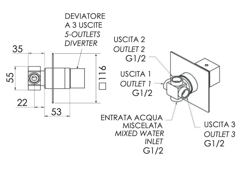 Дивертер на 3 выхода Remer Qubika Q93DEV3, хром