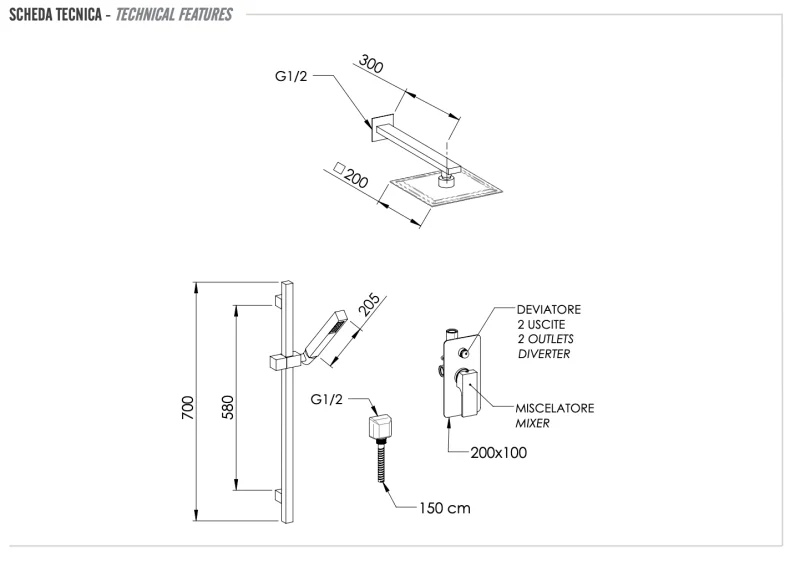 Комплект: Душевая система Remer Absolute AU09S01UFS20, хром