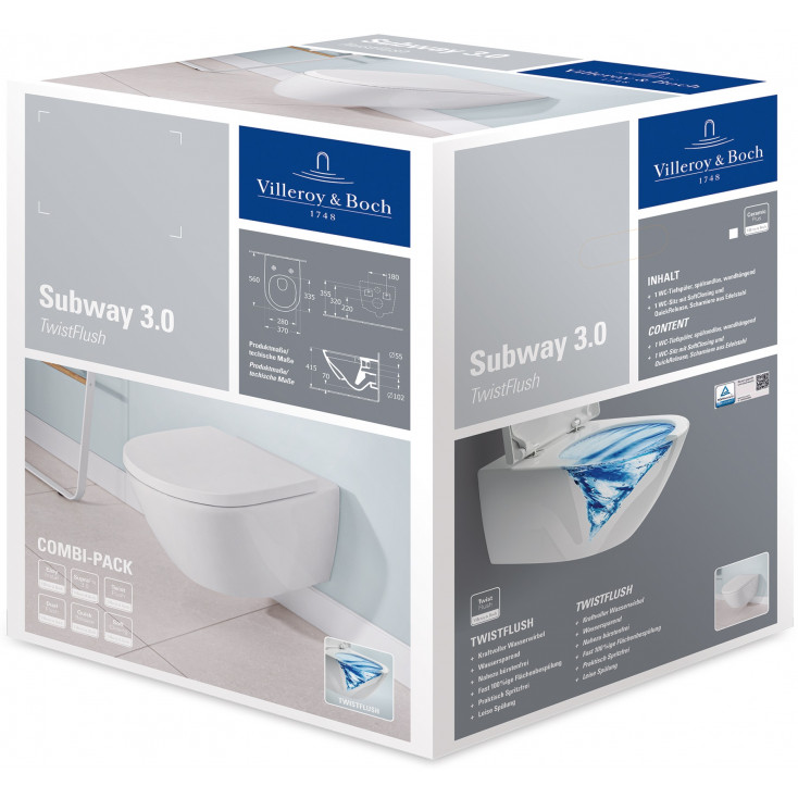 Унитаз подвесной Villeroy&Boch Subway 3.0 4670TS01 37x56 с сиденьем микролифт, безободковый TwistFlush