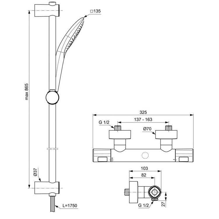 Душевая система Ideal Standard Ceratherm T100 A7235AA термостатическая с душевым гарнитуром