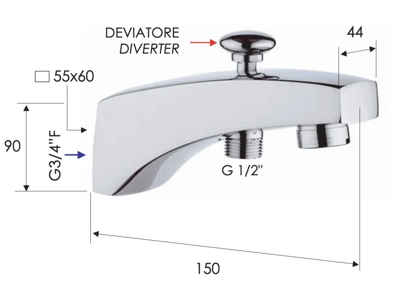 Излив настенный 15 см с дивертером Remer 91D, хром
