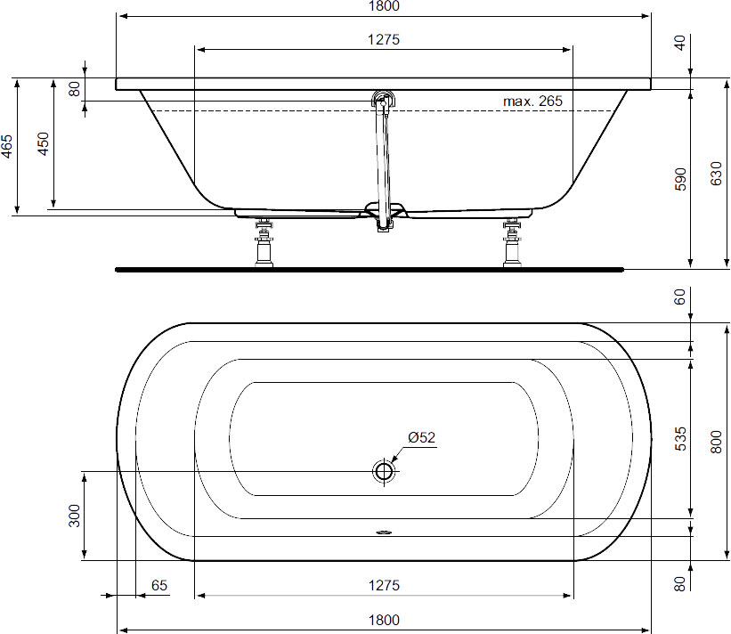 Овальная ванна 180х80 см для встраиваемой установки Ideal Standard HOTLINE K275601