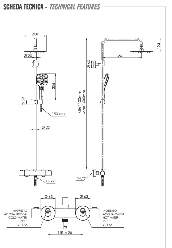Душевая система термостатическая Remer EQ32A8CPUFD30, хром