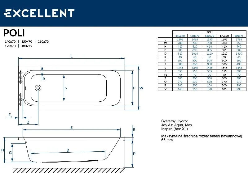 Акриловая ванна Excellent Poli 170х70 с ножками