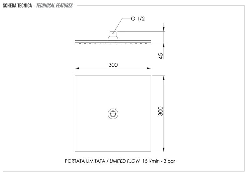 Верхний душ с шарнирным соединением 30 см Remer 359SSLBGX, золото брашированное
