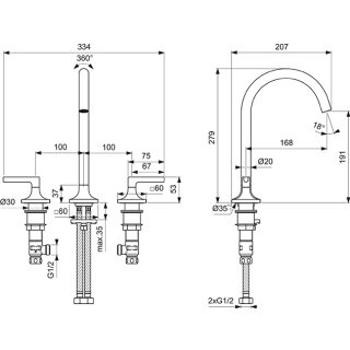 Смеситель для раковины Ideal Standard Atelier Joy Neo на три отверстия BD146A5, магнит