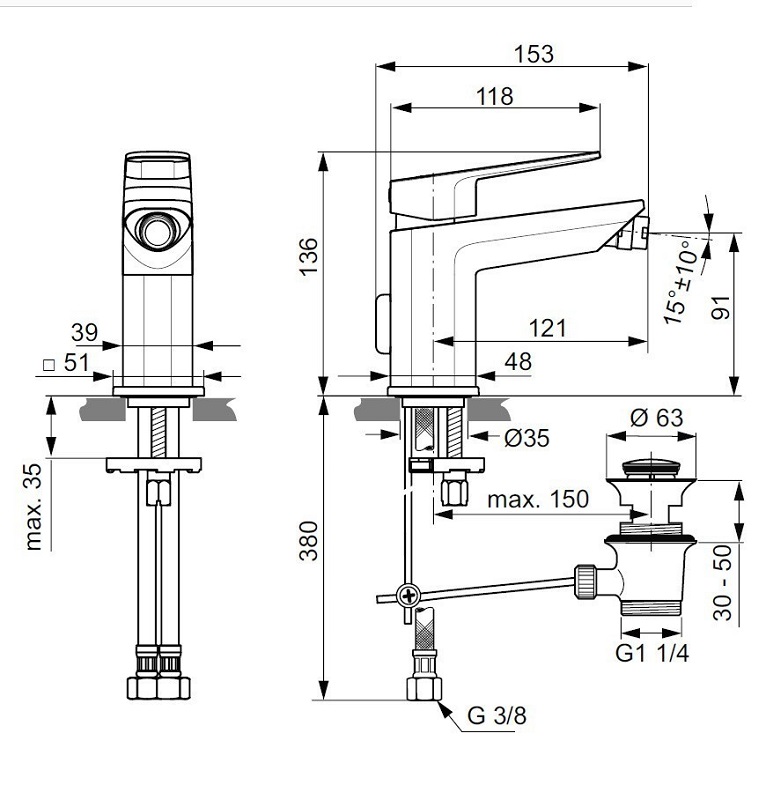 Смеситель Ideal Standard Tonic II A6336AA для биде, с донным клапаном