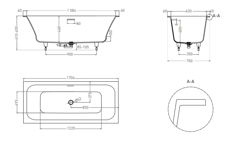 103313G Ванна Salini ORLANDA AXIS KIT 170x75 (S-Sense, глянцевый)