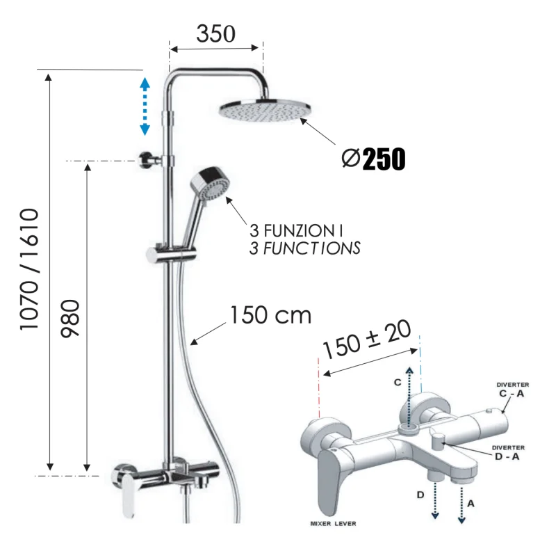 Душевая система с изливом Remer Class Line L34AMD25, хром
