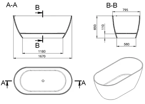 Ванна каменная Holbi Venus Solid Surface 170x80 любой цвет по RAL изнутри и снаружи