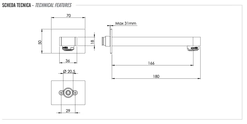 Излив настенный 18 см Remer Class Line 91LXV, сталь