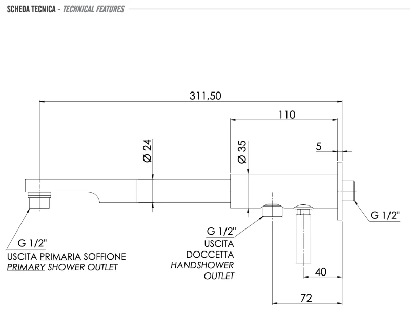 Кронштейн для верхнего душа c дивертером 30 см Remer N348N30ND, хром