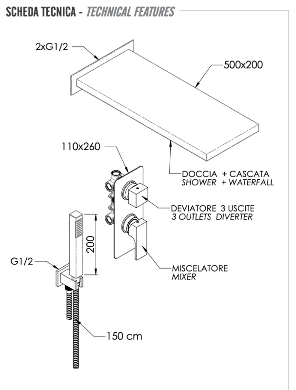 Комплект: Душевая система Remer Absolute AU93S02SSCA, хром