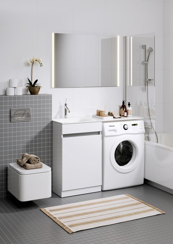 Тумба напольная Aqwella Forma 115 с умывальником в комплекте с корзиной для установки со стиральной машиной левая