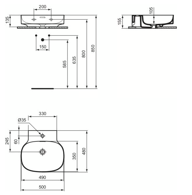 Раковина Ideal Standard Atelier Linda-X 50x48 см T475301 с переливом, белый глянцевый