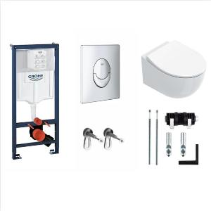 Инсталляция для унитаза Grohe Rapid SL с кнопкой Grohe Skate Air (хром) с подвесным унитазом Catalano Italy 0711520001, сиденьем и крышкой 0751100001 soft close и креплениями