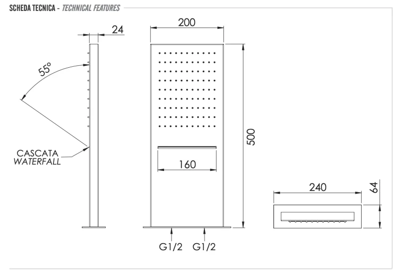 Верхний душ настенный 50x20 см Remer INOX SS350SSCAX, хром