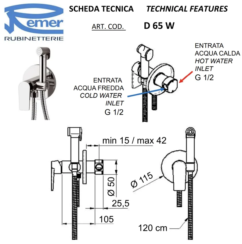 Гигиенический душ со смесителем Remer Dream D65W, хром