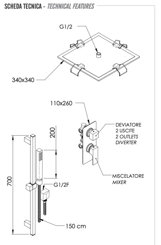 Комплект: Душевая система Remer Absolute AU92S01EFS34, хром
