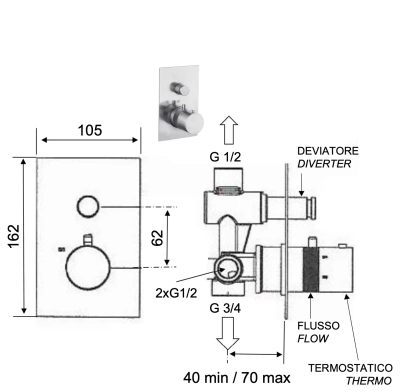 Смеситель термостатический для душа Remer X Style INOX SSXT09Q, нержавеющая сталь