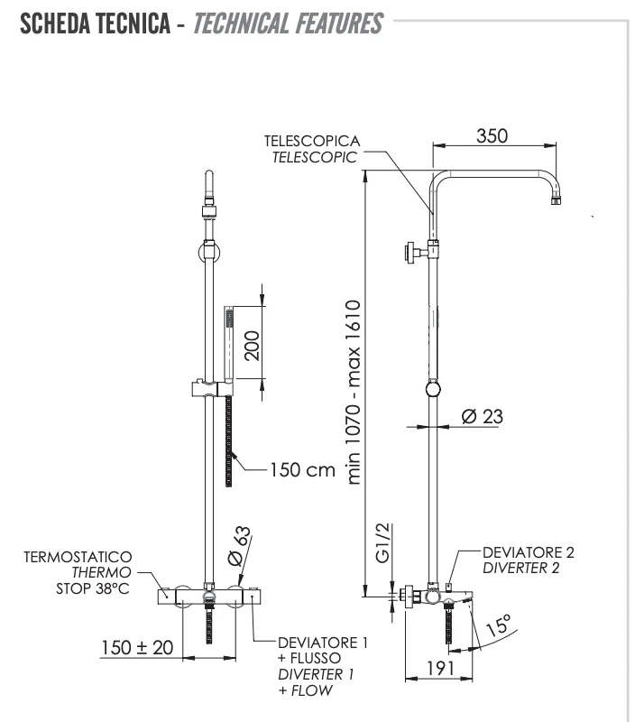 Душевая система термостатическая с изливом Remer Elegance EQ34A7MMSSOFCFP, черный брашированный хром