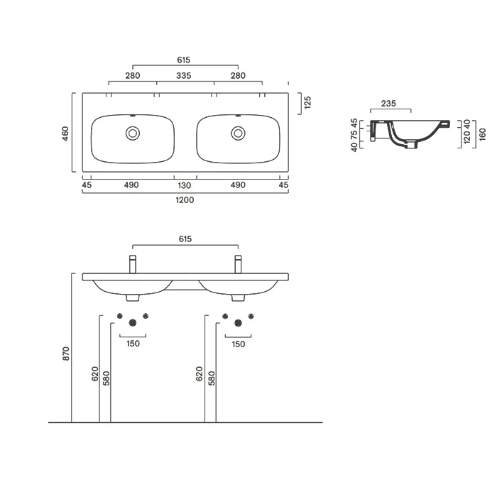 Раковина Catalano Alvea 120х46, арт.0621222001, на 2 чаши, без отв. под смеситель, белый глянцевый