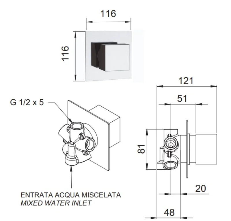 Дивертер на 5 выходов Remer Qubika Q34DEV5, хром