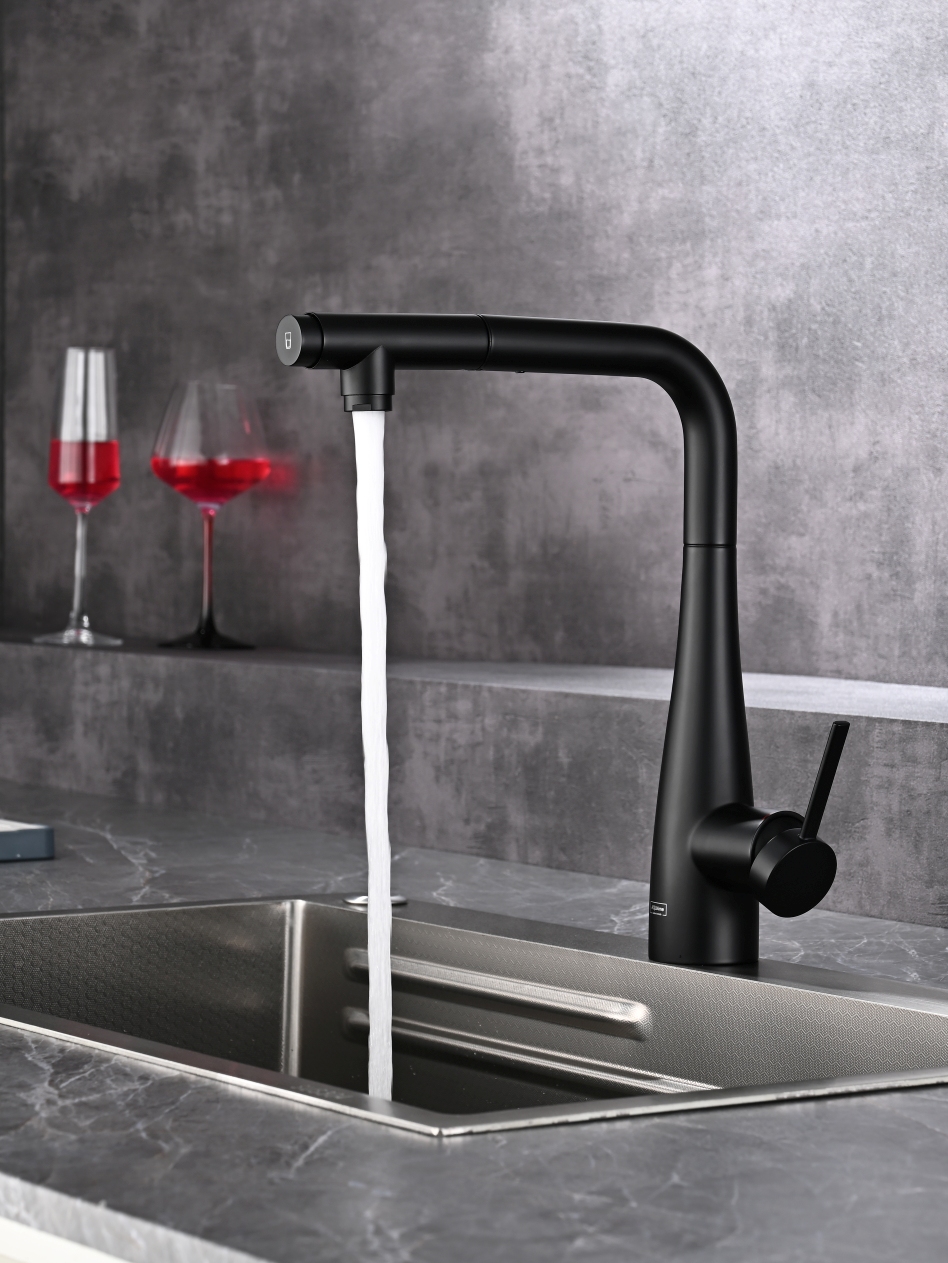 AQM9902MB Cucina Смеситель для кухни с выдвижным L-образным изливом, черный матовый