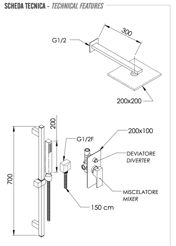 Комплект: Душевая система Remer Absolute AU09S01O20, хром