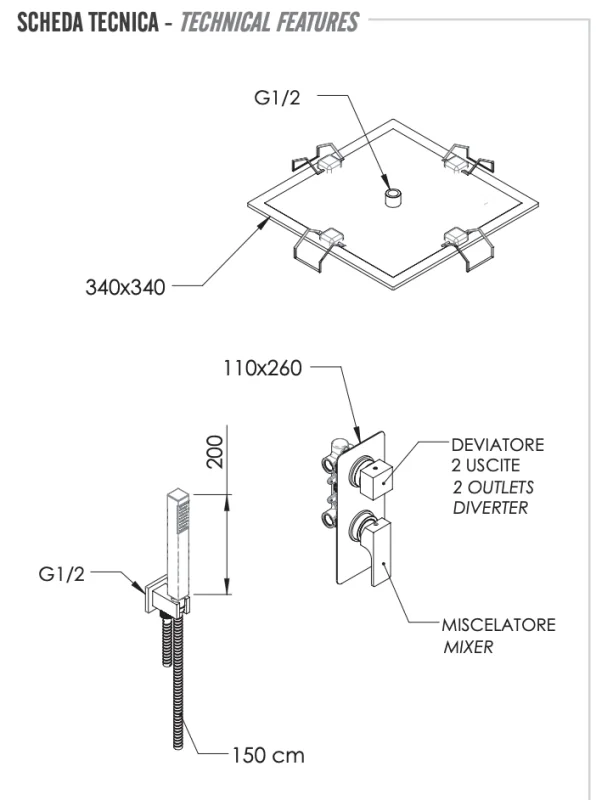 Комплект: Душевая система Remer Absolute AU92S02EFS34, хром