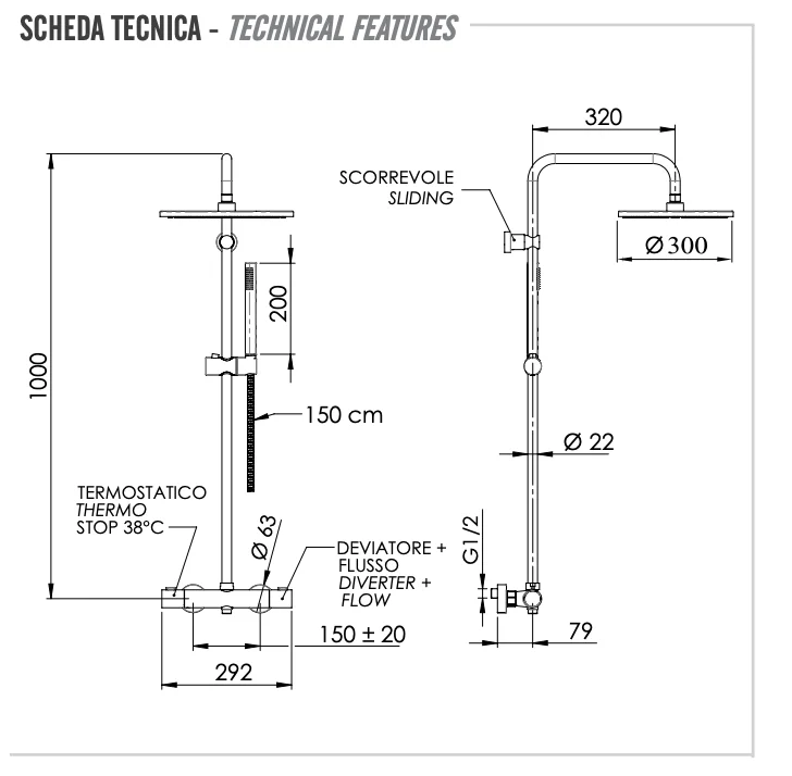 Душевая система термостатическая Remer Elegance EQ32X7MMM30DO, золото глянцевое