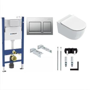 Инсталляция для унитаза Geberit Alpha 458.233.00.2 с кнопкой Geberit Alpha 35 хром 115.045.21.3 с подвесным унитазом Catalano Sfera 0511550001, сиденьем и крышкой 0551200001 soft close и креплениями
