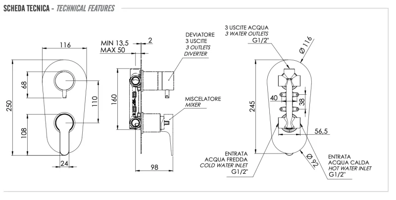 Смеситель для душа Remer Winner W93, хром