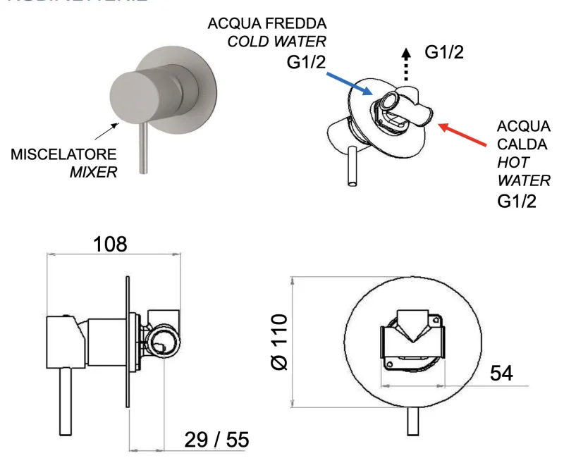 Смеситель для душа Remer X Style INOX SSX30L, нержавеющая сталь