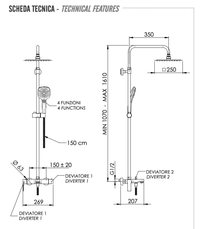 Душевая система с изливом Remer Energy EY34A8CPUFD25G, хром