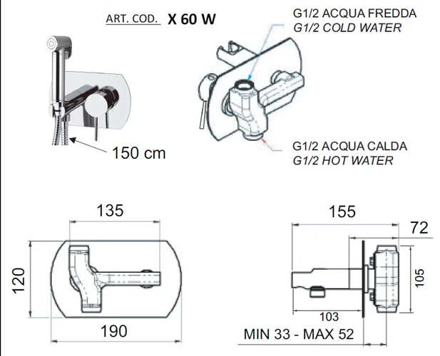 Гигиенический душ со смесителем Remer X Style X60W, хром