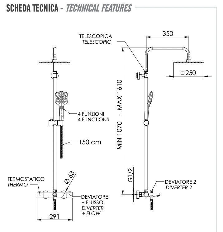 Душевая система термостатическая c изливом Remer EQ34A8CPUFS25NO, черный матовый