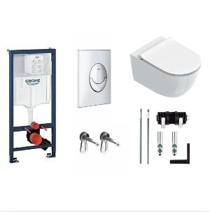 Инсталляция для унитаза Grohe Rapid SL с кнопкой Grohe Skate Air (хром) с подвесным унитазом Catalano Sfera 0511550001, сиденьем и крышкой 0551200001 soft close и креплениями