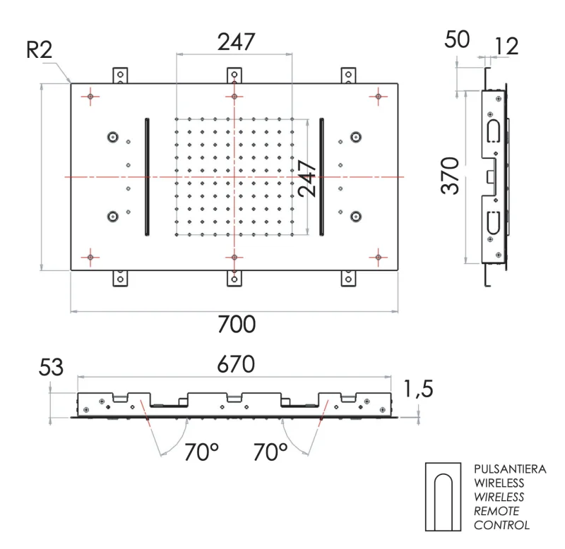 Верхний душ потолочный с подсветкой 70x40 см Remer 357RR7040N2CW, хром