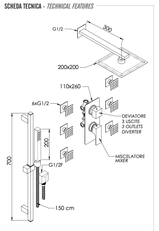 Комплект: Душевая система Remer Absolute AU93S01UFS20, хром
