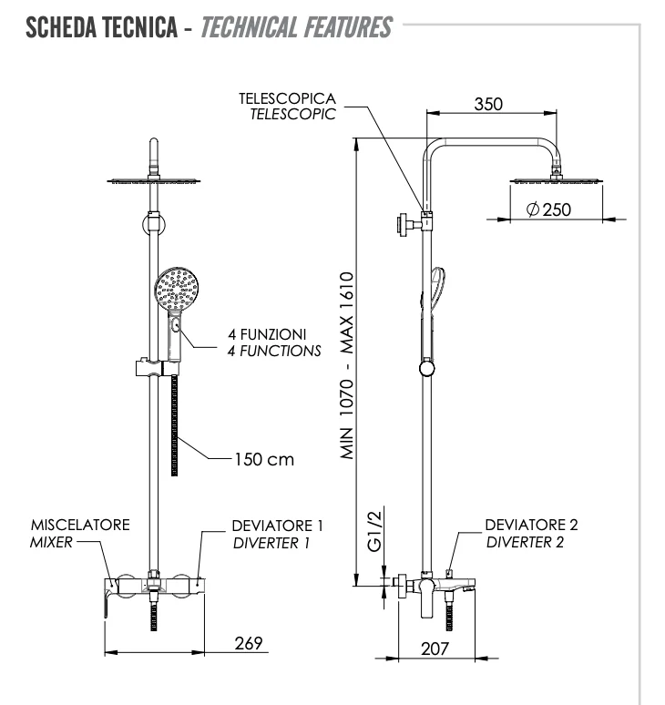 Душевая система с изливом Remer Energy EY34A8MPUFM25G, хром