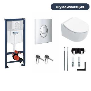 Инсталляция для унитаза Grohe Rapid SL с кнопкой Grohe Skate Air (хром) с шумоизоляцией с подвесным унитазом Catalano Italy 0711520001, сиденьем и крышкой 0751100001 soft close и креплениями